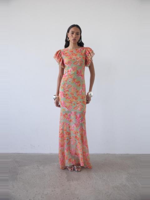 De La Vali BOUGAINVILLEA CHIFFON MAXI DRESS IN SAGE FLORAL