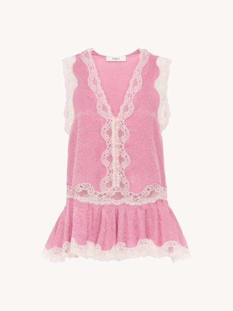 Chloé SLEEVELESS PEPLUM TOP IN SILK JACQUARD & LACE
