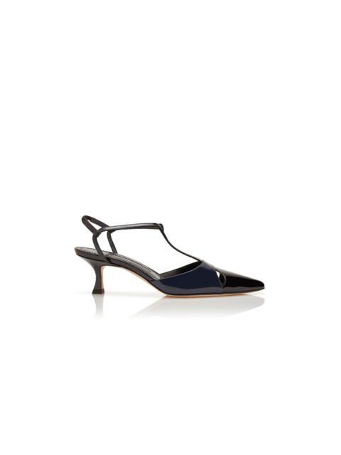 Manolo Blahnik Black and Navy Blue Patent Leather T-Bar Pumps