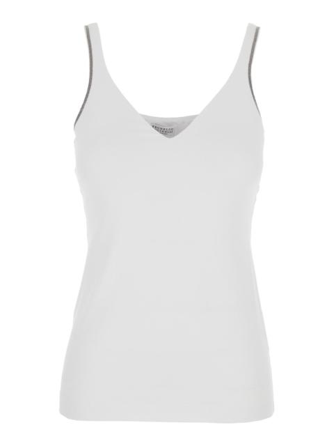 Brunello Cucinelli Women White Sleeveless Top With V Neck And Monil Detail On The Shoulder Straps In
