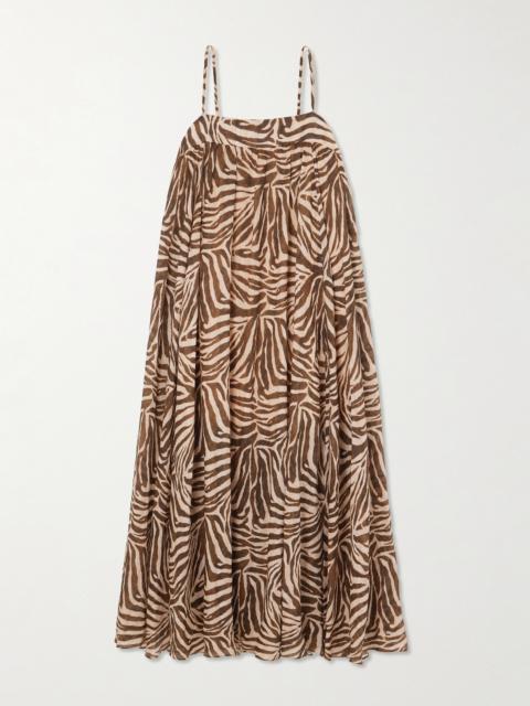 Zimmermann Wanderlust Gathered Zebra-print Cotton Maxi Dress