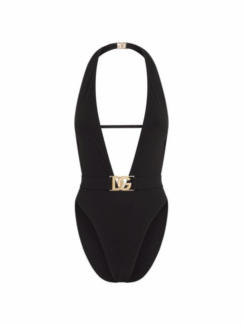 belted plunge-neck swimsuit