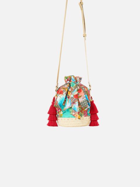 CAMILLA TIE TOP BUCKET BAG WITH TASSELS