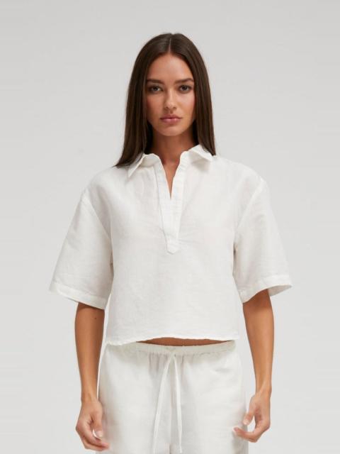 SPRWMN WHITE LINEN CROPPED OVERSIZED HENLEY SHIRT