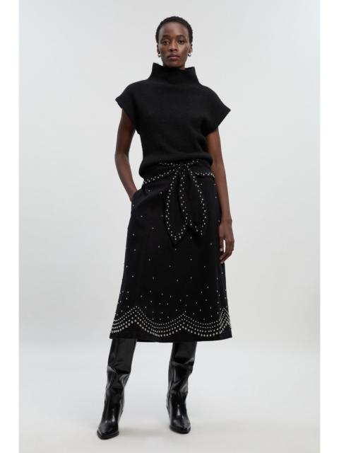 KAREN MILLEN Denim Placed Stud Tie Belt Full Midi Skirt