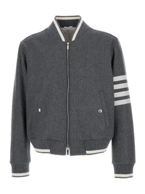 Thom Browne Men Grey Bomber Jacket With Signature 4Bar Stripe In Wool Man