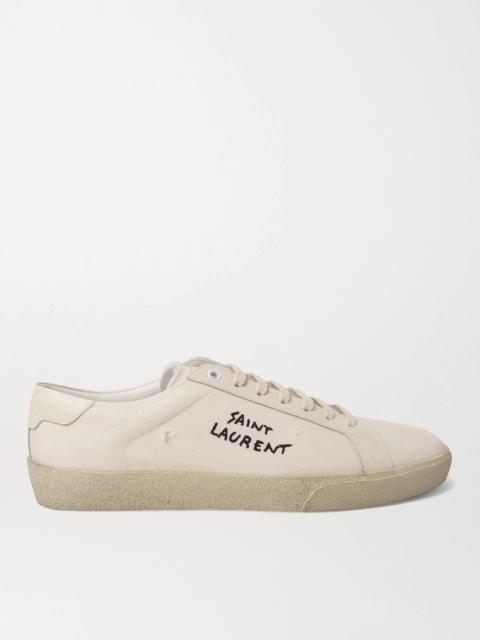 SAINT LAURENT SL/06 Court Classic Leather-Trimmed Logo-Embroidered Distressed Canvas Sneakers Off-white