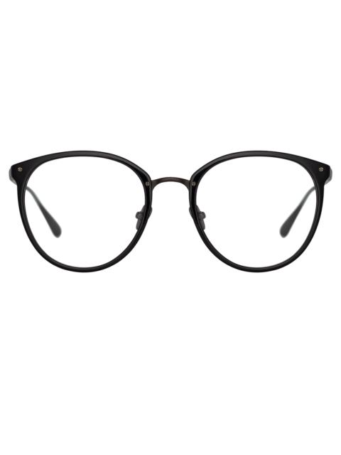 LINDA FARROW CALTHORPE OVAL OPTICAL FRAME IN BLACK AND NICKEL