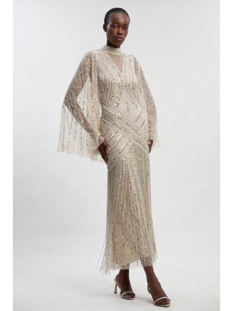 KAREN MILLEN Petite Embellished Woven Maxi Dress With Cape Sleeve