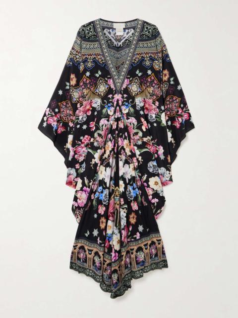 Midnight in Monserrate crystal-embellished printed silk-crepe kaftan Black