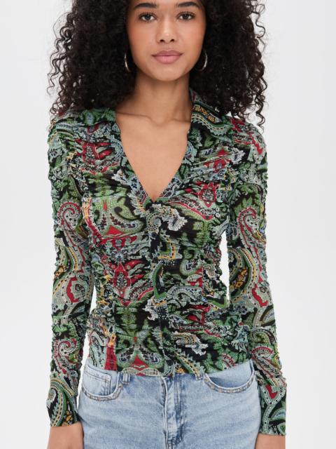 Alice + Olivia Portia Ruched Mesh Button Down