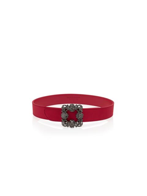 Manolo Blahnik Red Satin Crystal Buckled Belt