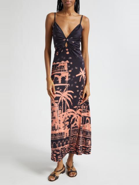 Johanna Ortiz Johanna Ortiz Nuestra Tierra Landscape Print Cutout Shiny Jersey Dress in Black /Peach at Nordstrom