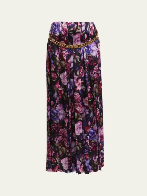 Floral Print Pleated Long Silk Skirt with Chunky Chain