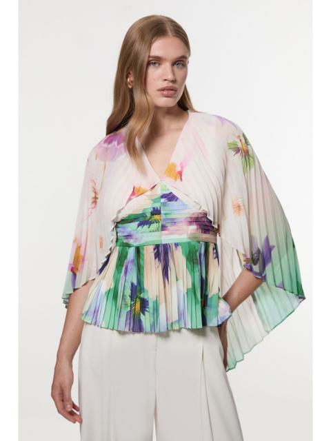 KAREN MILLEN Pleated Floral Cape Sleeve Plunge Neck Woven Top