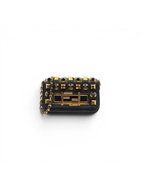 FENDI Studded Baguette Mini Crossbody Bag Black Gold - Preowned
