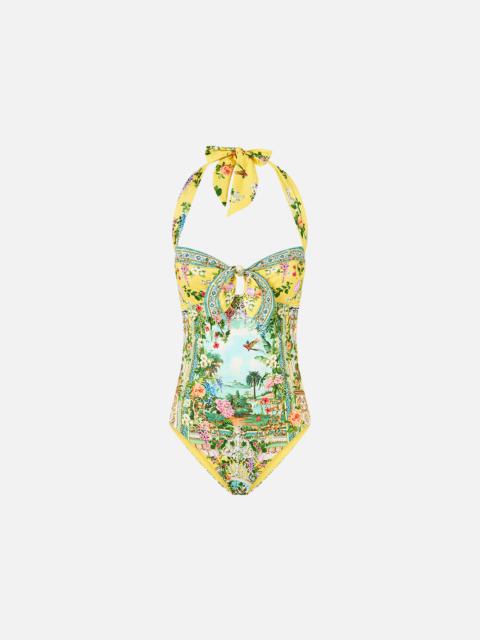CAMILLA TIE FRONT HALTER ONE PIECE WITH GATHERED SIDES