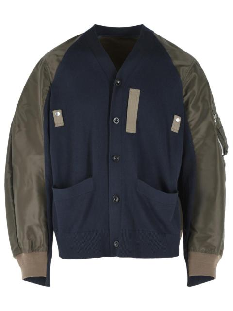 sacai Sacai Cardigan In Navy Cotton And Khaki Blend