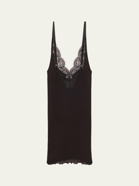 SAINT LAURENT Ribbed Knit Tank Top with Lace Detail