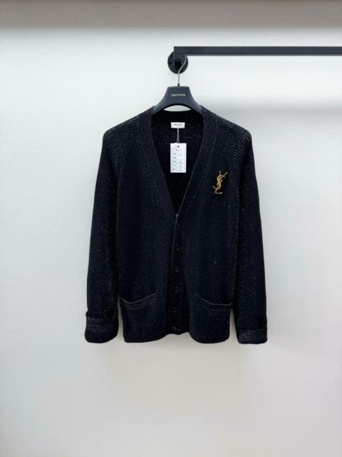 SAINT LAURENT Yves Saint Laurent Black Knit Cardigan With Gold Brooch