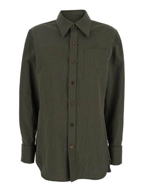 Saint Laurent Women Green Shirt With Classic Collar And Cassandre Embroidery On The Front In Linen A