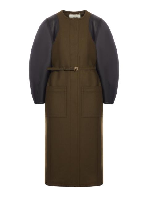 FENDI GREEN WOOL AND LEATHER COAT