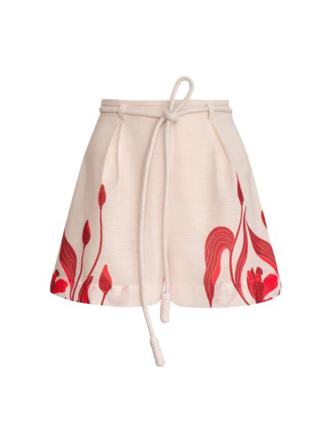 ANDRES OTALORA Viento Y Flores Belted Linen Shorts red
