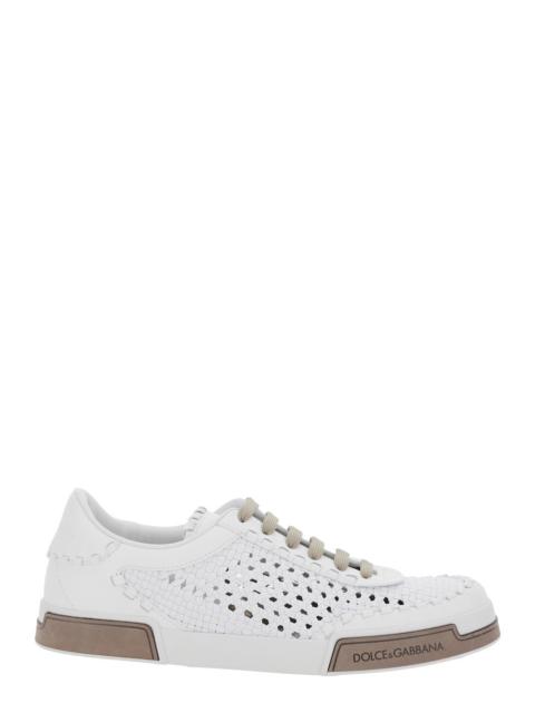 Dolce & Gabbana Dolce & Gabbana Men 'Portofino'white Sneakers With Mesh Inserts And Embossed Logo On The Side In Lea