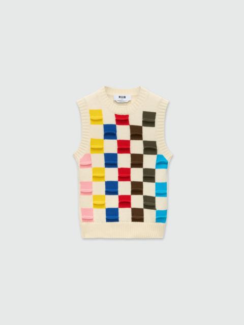 MSGM Black knitted vest with multicolor 3D checkerboard pattern