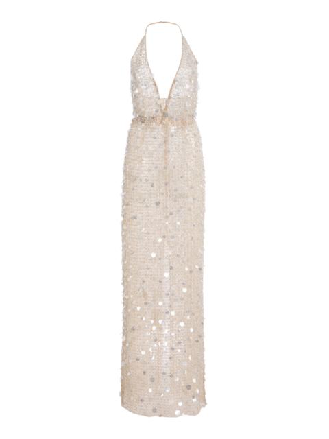 CAROLINA HERRERA Paillette-Embellished Halter Maxi Dress nude