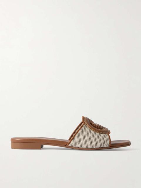 Canvas-trimmed leather slides Brown