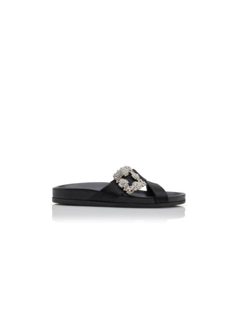 Manolo Blahnik Black Satin Jewel Buckle Flat Mules