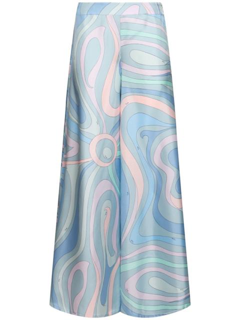 Printed silk twill wide pants