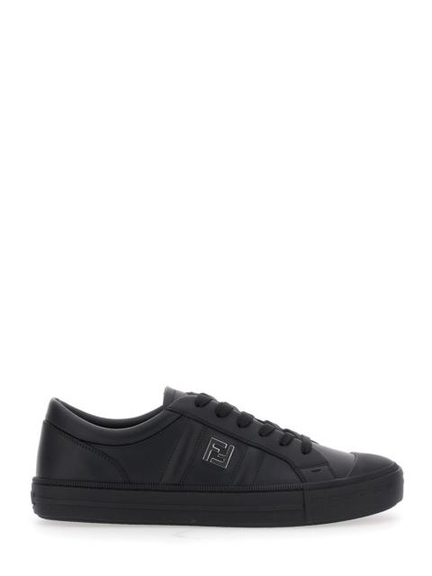 FENDI Fendi Men “Domino” Black Low-Top Sneakers With Metallic Logo On The Side In Leather Man