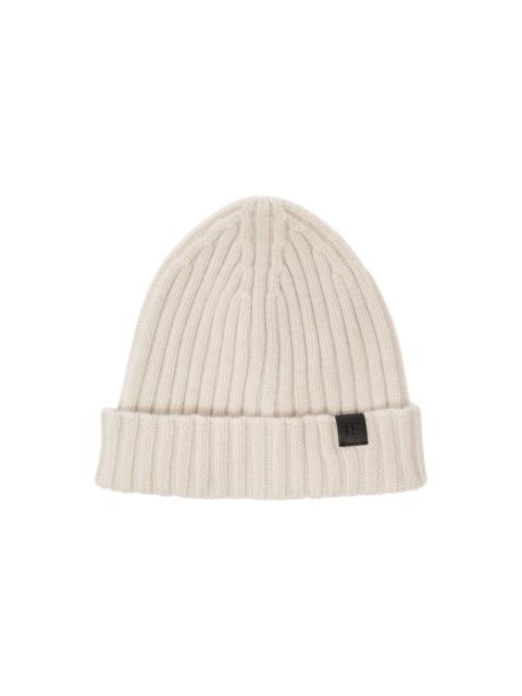 White Ribbed Beanie With Logo Patch In Cashmere Man