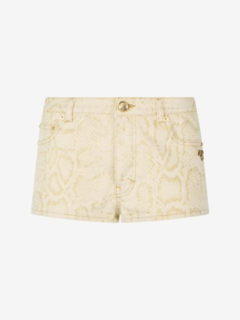 Roberto Cavalli White Micro Shorts with Gold Python Pattern