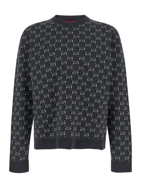 GUCCI Gucci Men Grey Crewneck Sweater With Jacquard Gg Shadow In Wool Man