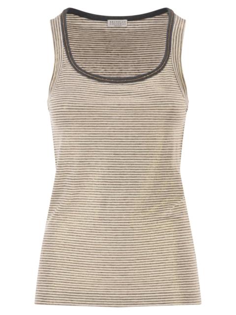 Brunello Cucinelli Brunello Cucinelli Women Linen Striped Crew Neck Top With Contrasting Trim And Necklace