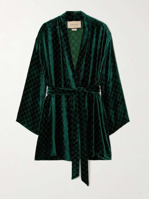 Belted devoré-velvet robe