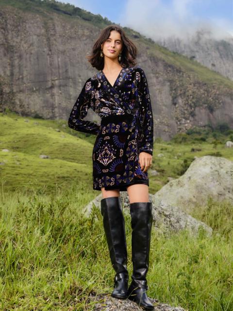 FARM RIO Black Arabesque Mix Scarves Wrap Mini Dress