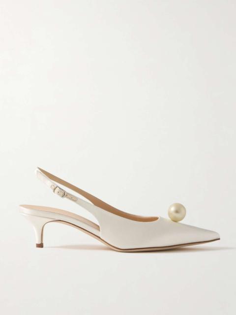 Faux pearl-embellished silk-satin slingback pumps Cream
