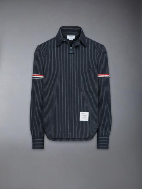 Thom Browne PINSTRIPE HIGH TWIST WOOL ZIP UP SHIRT