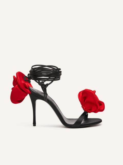 MAGDA BUTRYM Double red flower heel sandals in black satin
