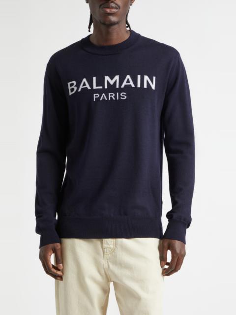 Balmain Balmain Paris Logo Jacquard Merino Wool Sweater in Navy/Natural at Nordstrom
