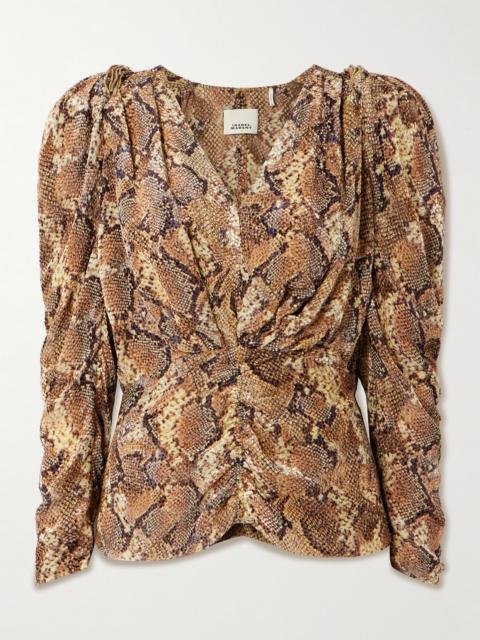 Isabel Marant Marlin Ruched Snake-print Silk-blend Devoré Blouse