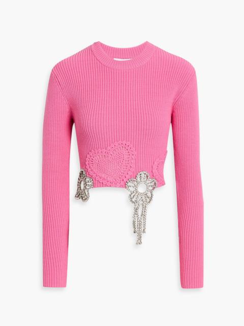 AREA Cropped crystal-embellished ribbed cotton-blend sweater