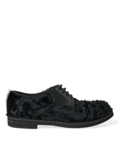Dolce & Gabbana Black Fur Leather Lace Up Derby Dress Shoes