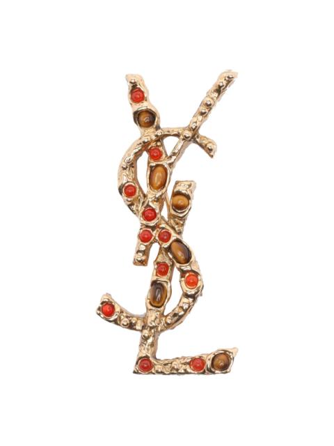 Saint Laurent Women Cassandre In Tiger's Eye, Sunstone And Metal Brooch