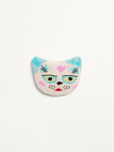Valentino LE CHAT DE LA MAISON BROOCH IN JACQUARD FABRIC WITH RESIN BEAD EMBROIDERY