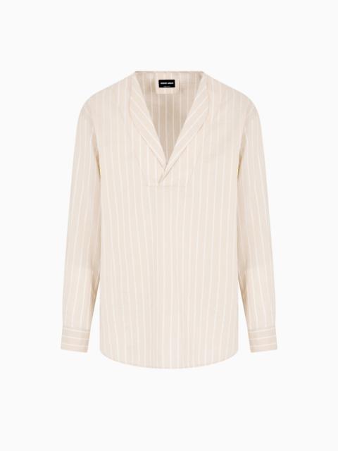 GIORGIO ARMANI PINSTRIPED COTTON, SILK AND VISCOSE POLO SHIRT